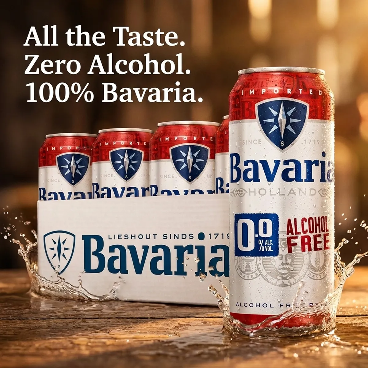 Bavaria 0.0 can and multipack in a splash of water with the line All the Taste. Zero Alcohol. 100% Bavaria.
