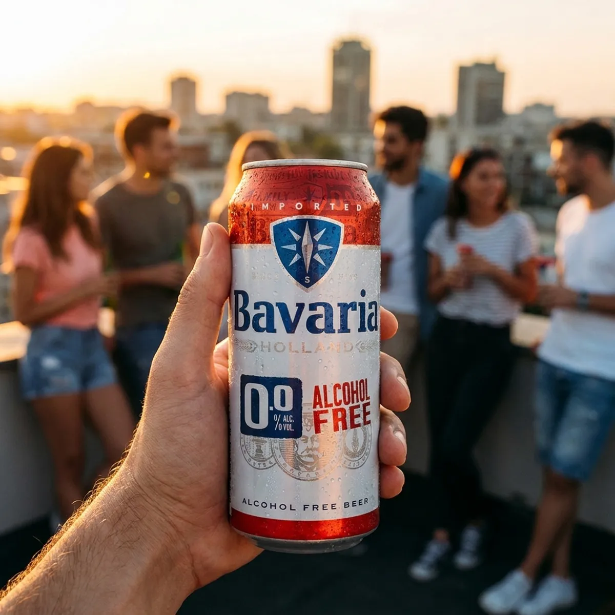 Hand holding a Bavaria 0.0 can at a rooftop gathering with friends at sunset