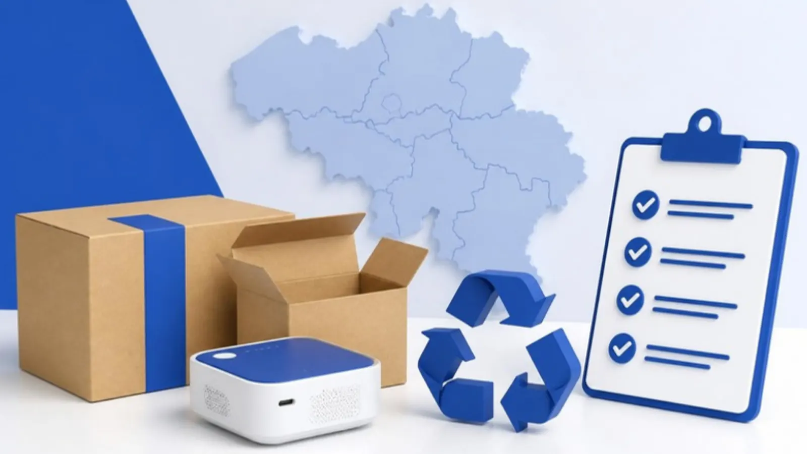 Packaging, recycling symbol and checklist with a map of Belgium
