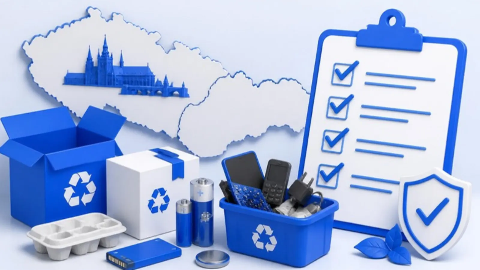 Recycling bins, batteries and a checklist with a map of Czechia and Slovakia