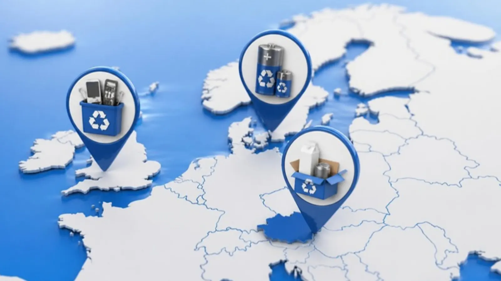 Map of Europe with recycling pins over Austria, Sweden and the UK