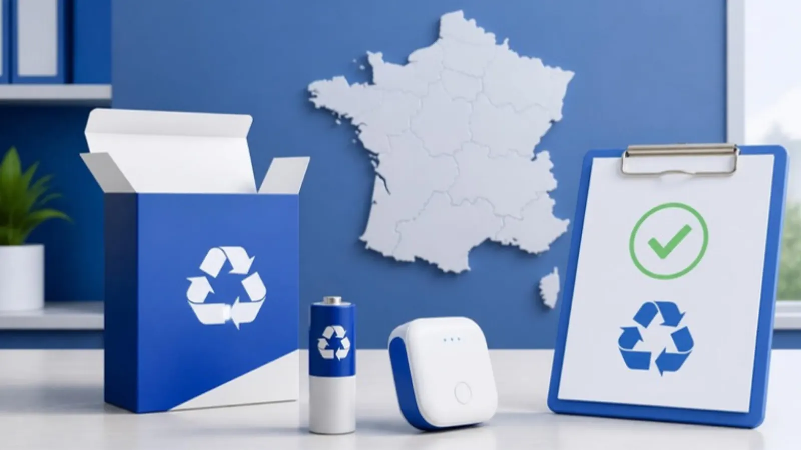Recycling packaging, a battery and a checklist with a map of France