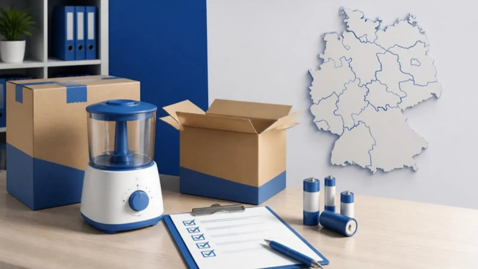 Packaging, electronics and batteries with a map of Germany