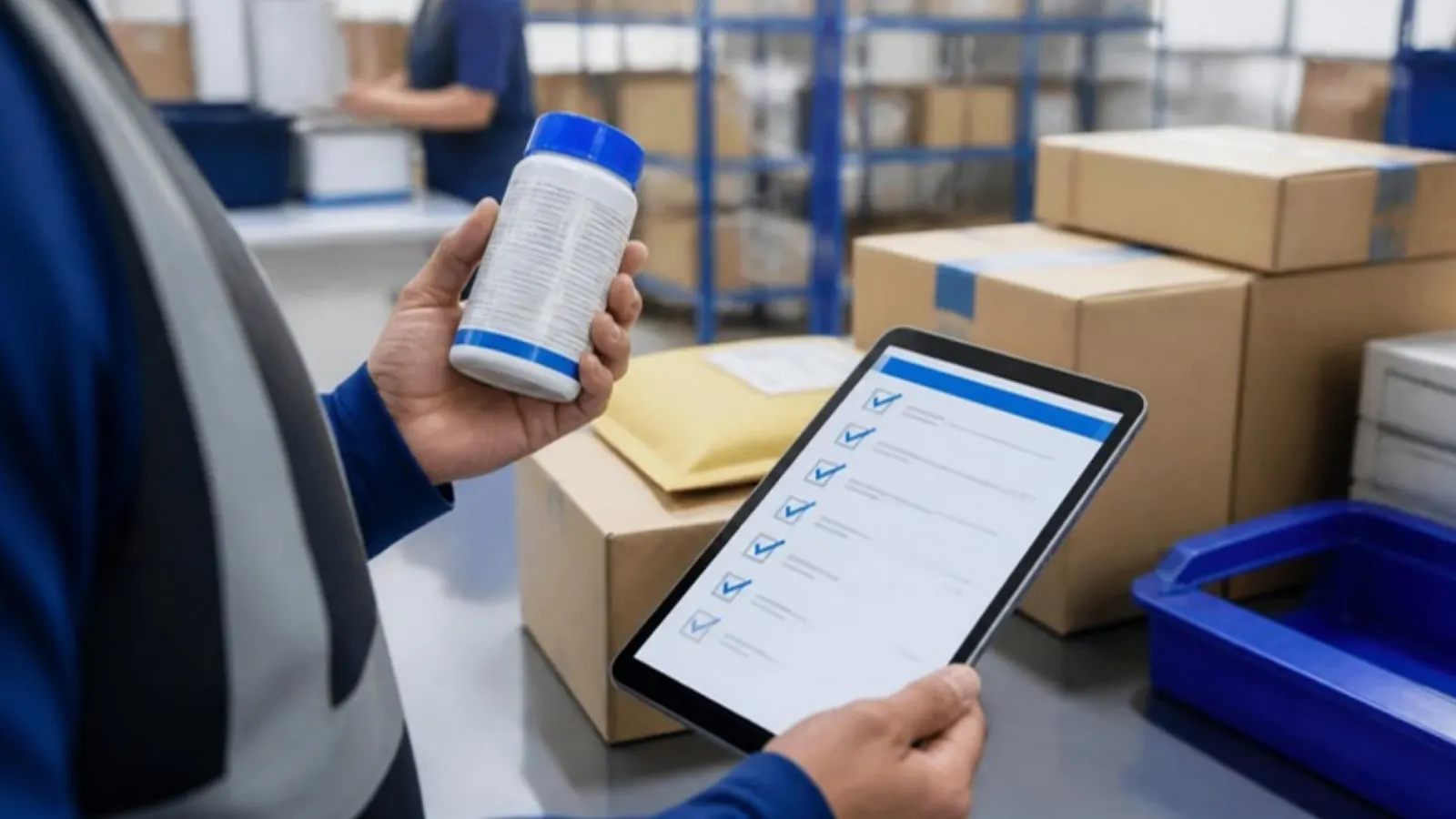 Warehouse worker checking product safety data on a tablet