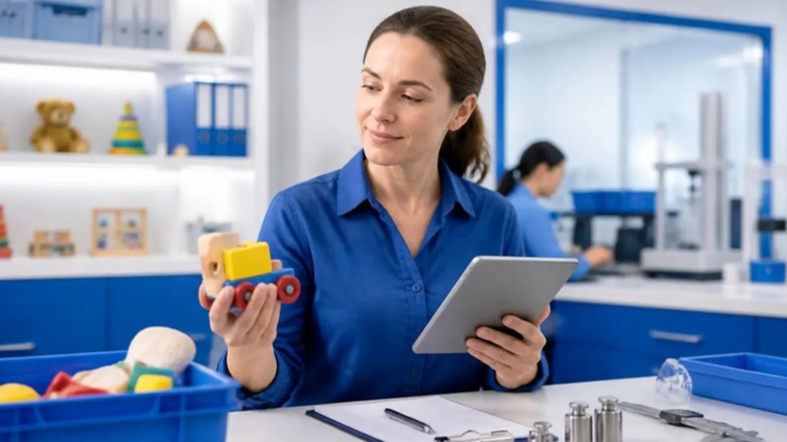 Product safety specialist checking a toy with a tablet
