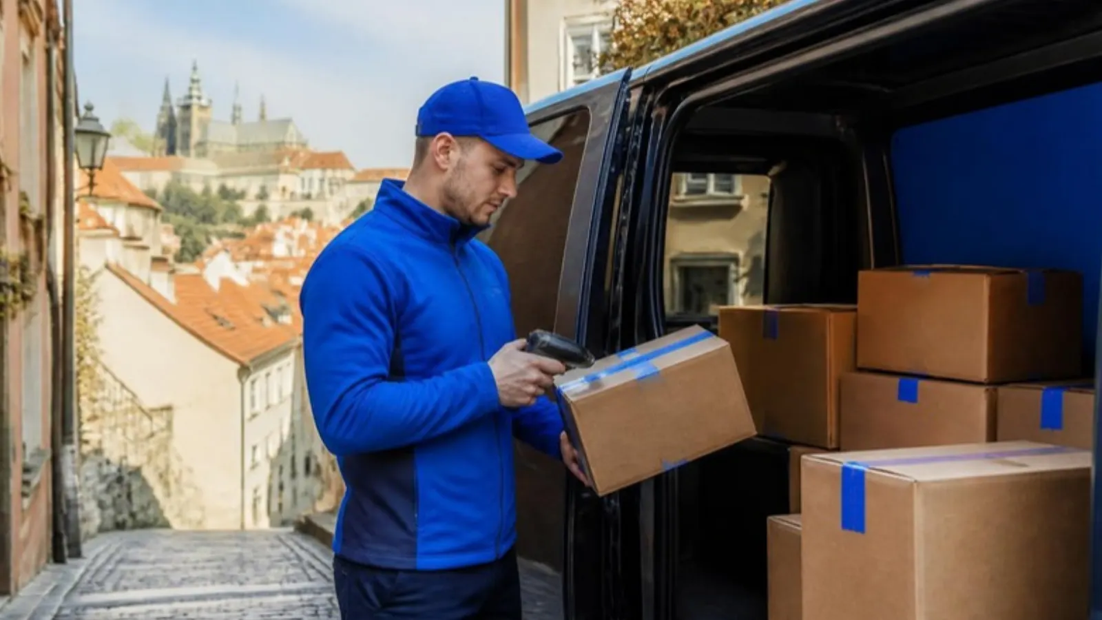 Courier delivering parcels in a Central European old town
