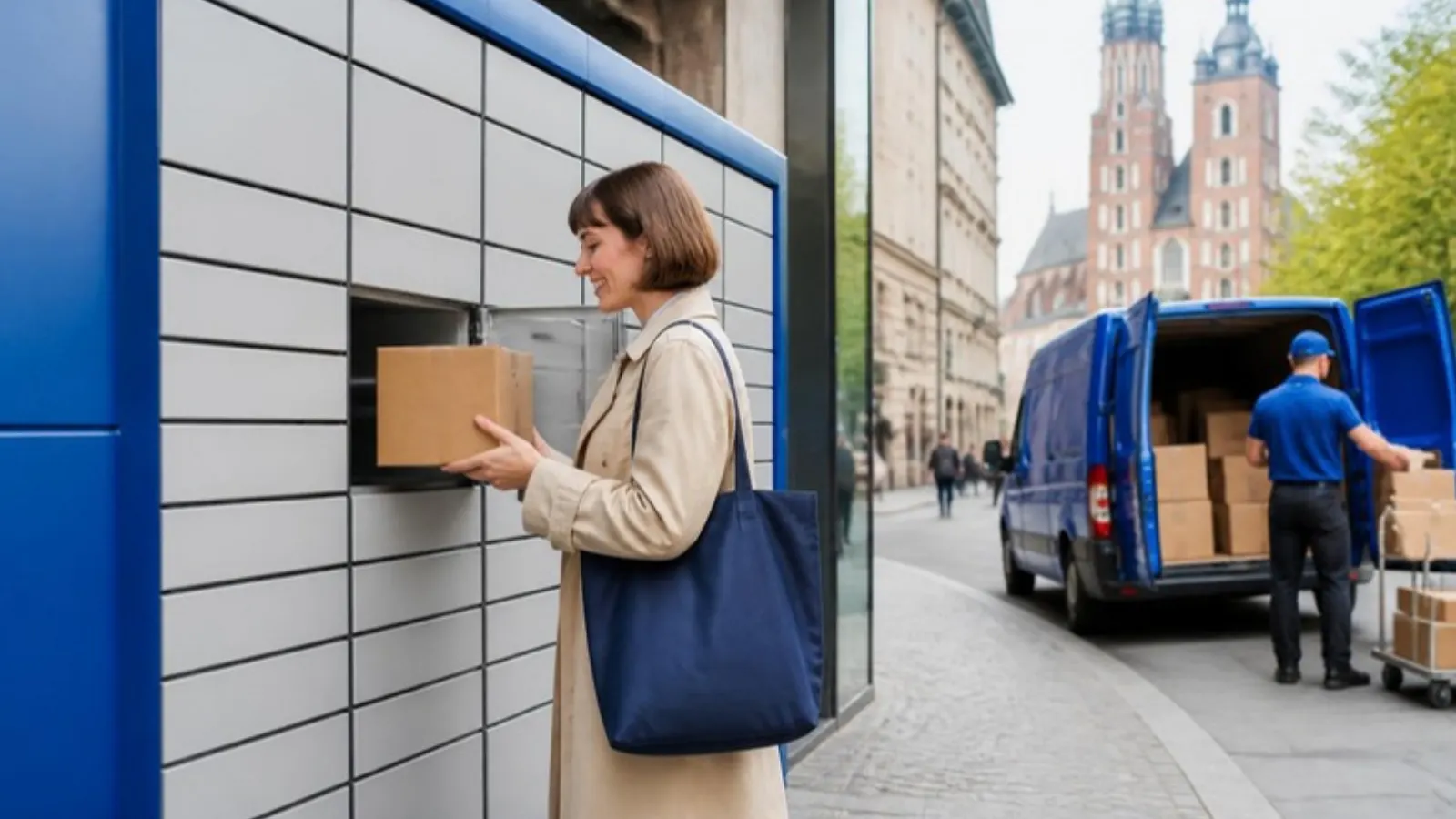 Shopper collecting a parcel from a locker in Krakow