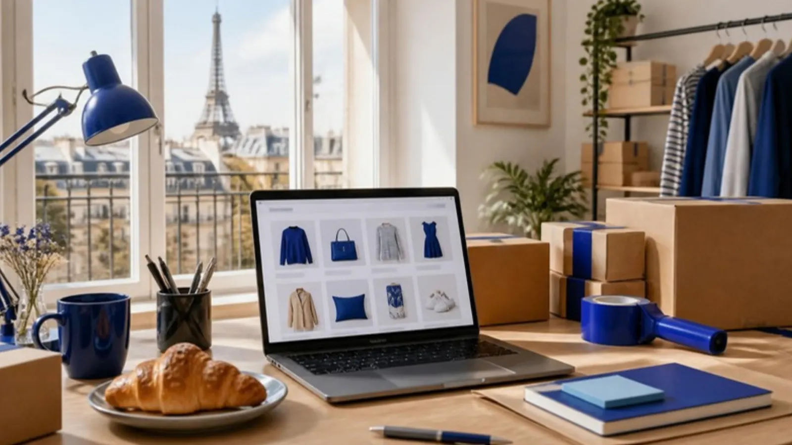 Online store on a laptop in a Paris apartment