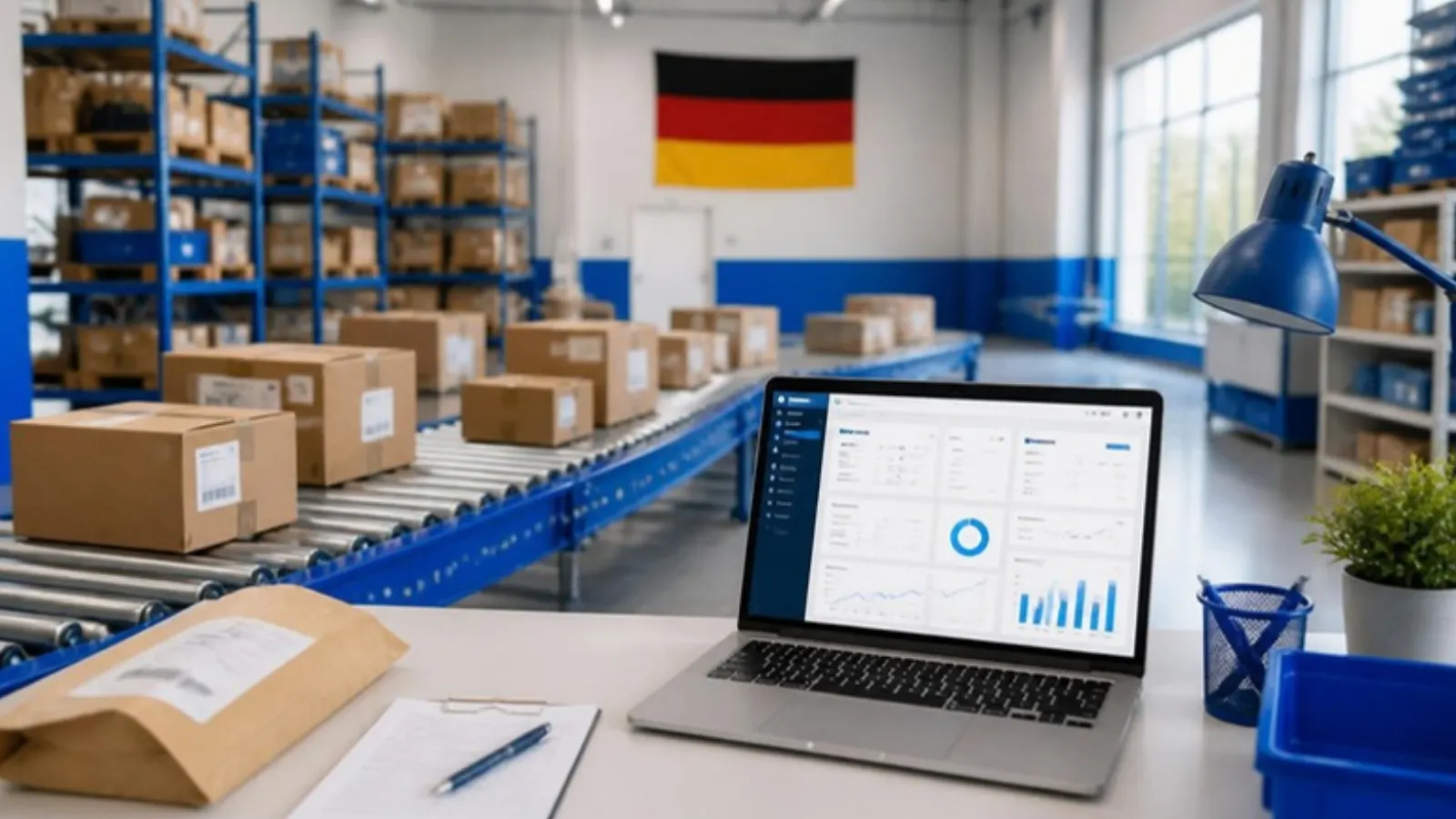 E-commerce warehouse with parcels on a conveyor and a laptop, German flag on the wall