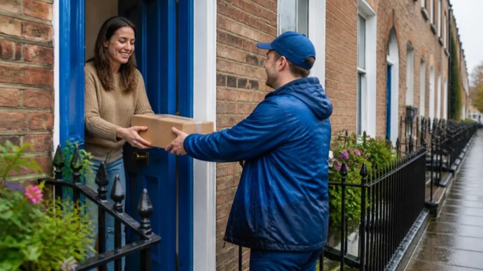 Courier handing a parcel to a customer at a Dublin doorstep