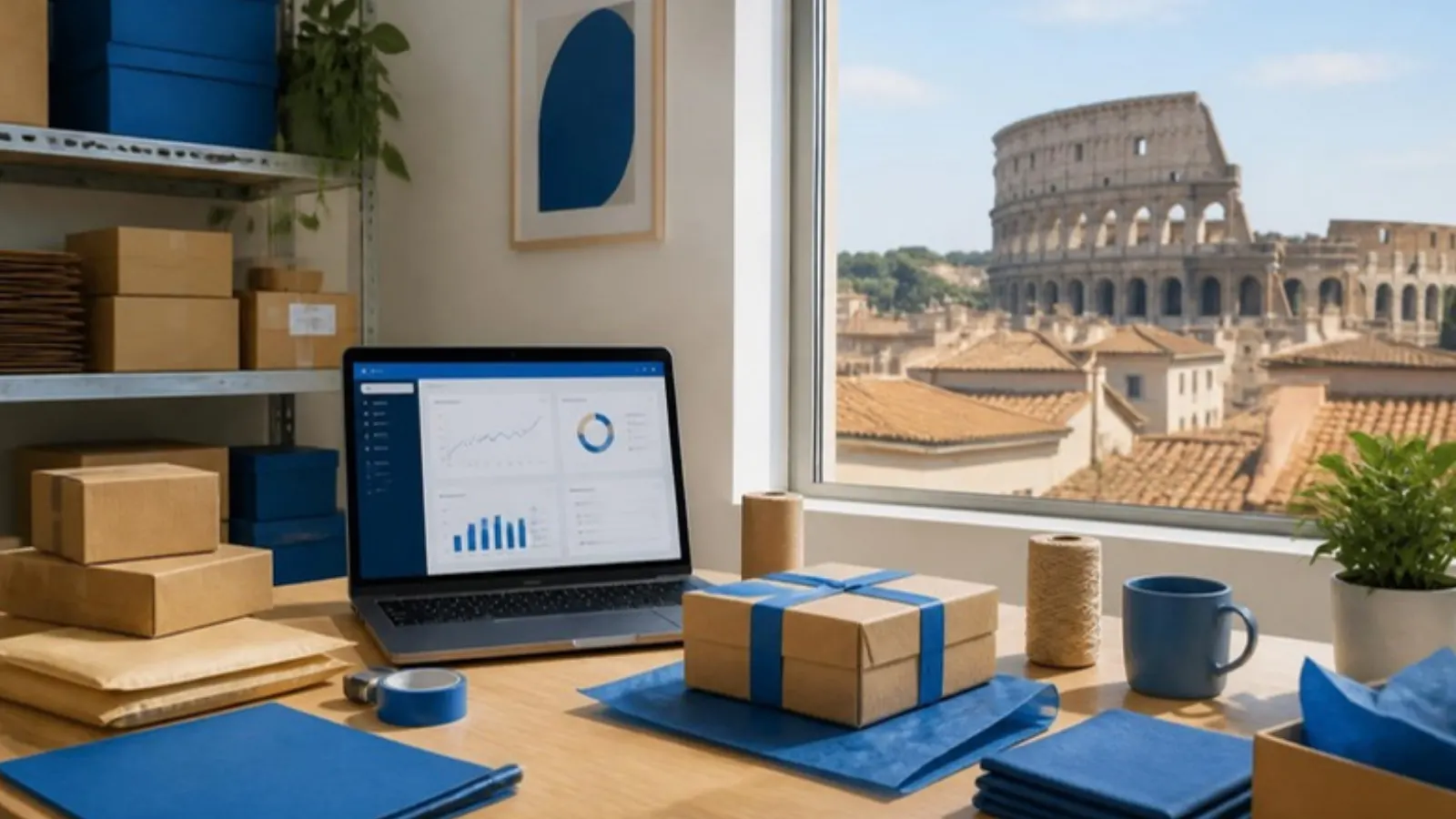 Seller workspace with parcels overlooking the Colosseum in Rome
