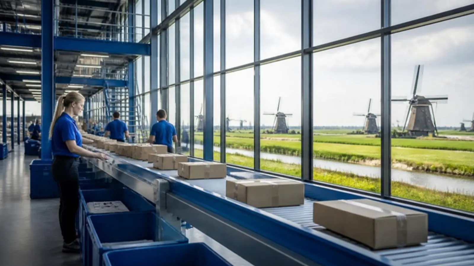 Dutch fulfilment centre with windmills outside