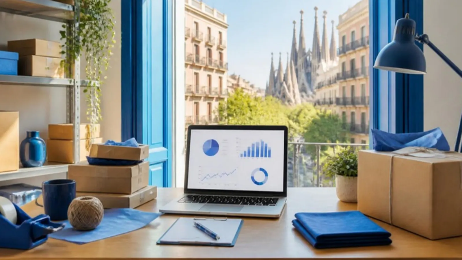 Seller desk with sales dashboard overlooking Barcelona