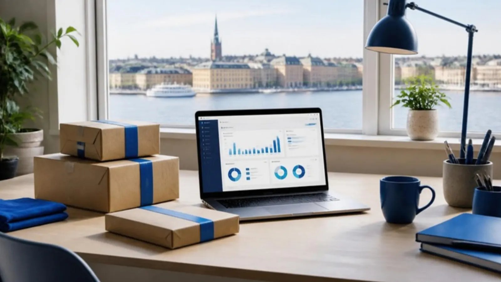 Seller workspace overlooking Stockholm