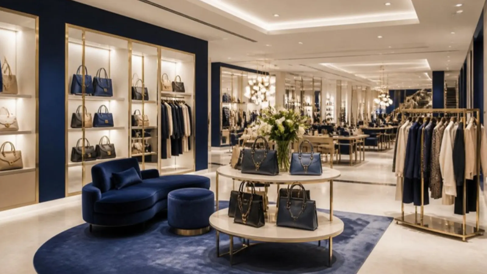 Luxury department store interior with handbags