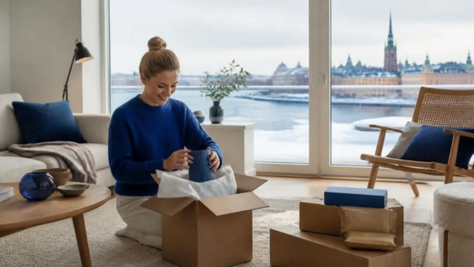 Shopper unpacking an order in a Stockholm apartment