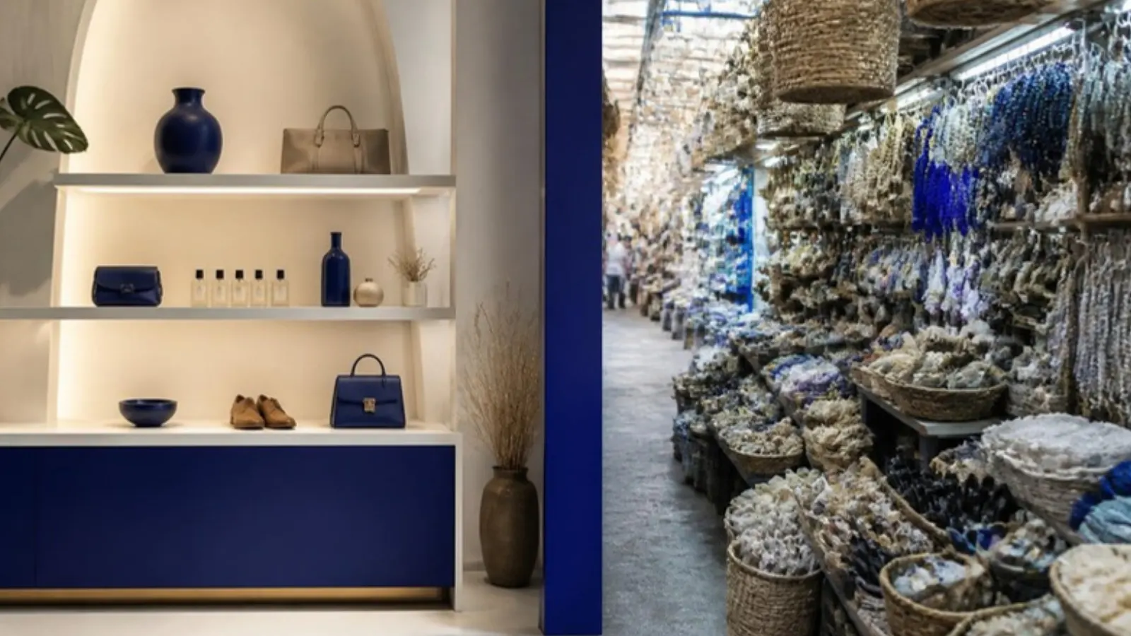 Curated boutique shelves beside an open market