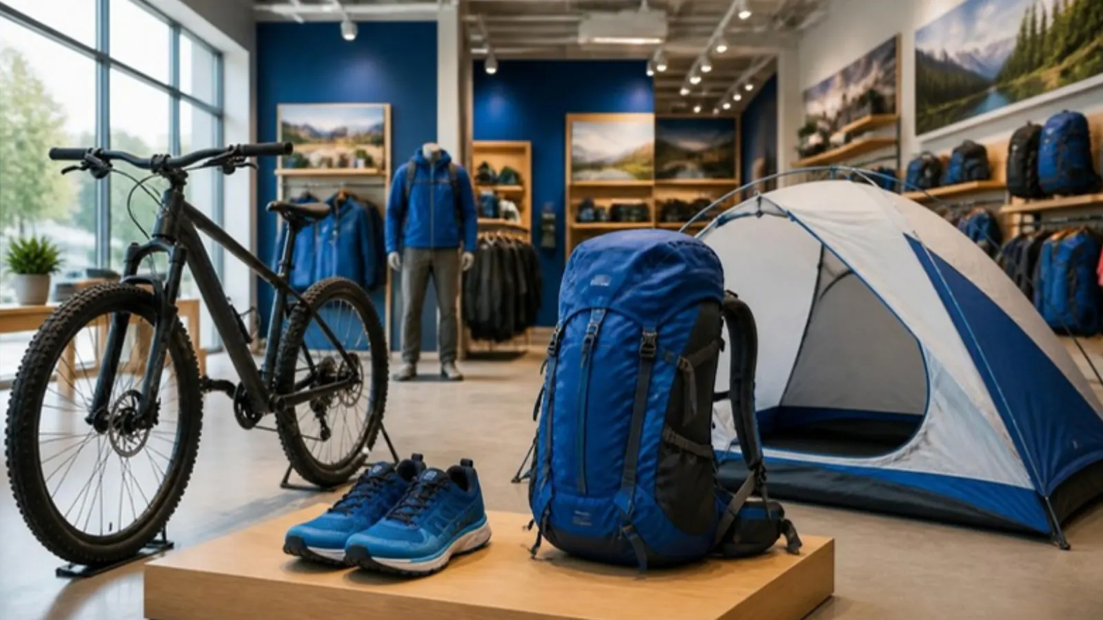 Sports store with a bike, tent and hiking gear