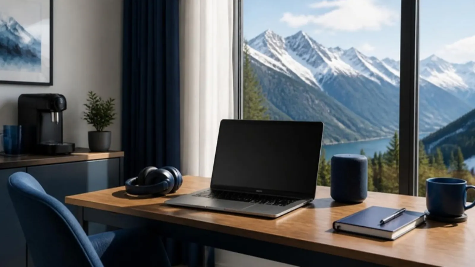 Desk with laptop and headphones in front of an Alpine mountain view