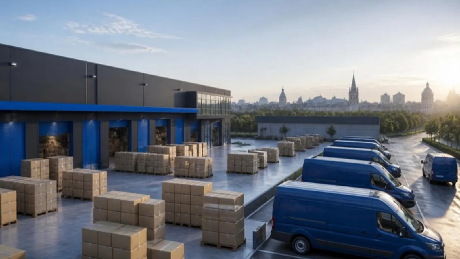 Delivery vans and parcels at a European logistics hub
