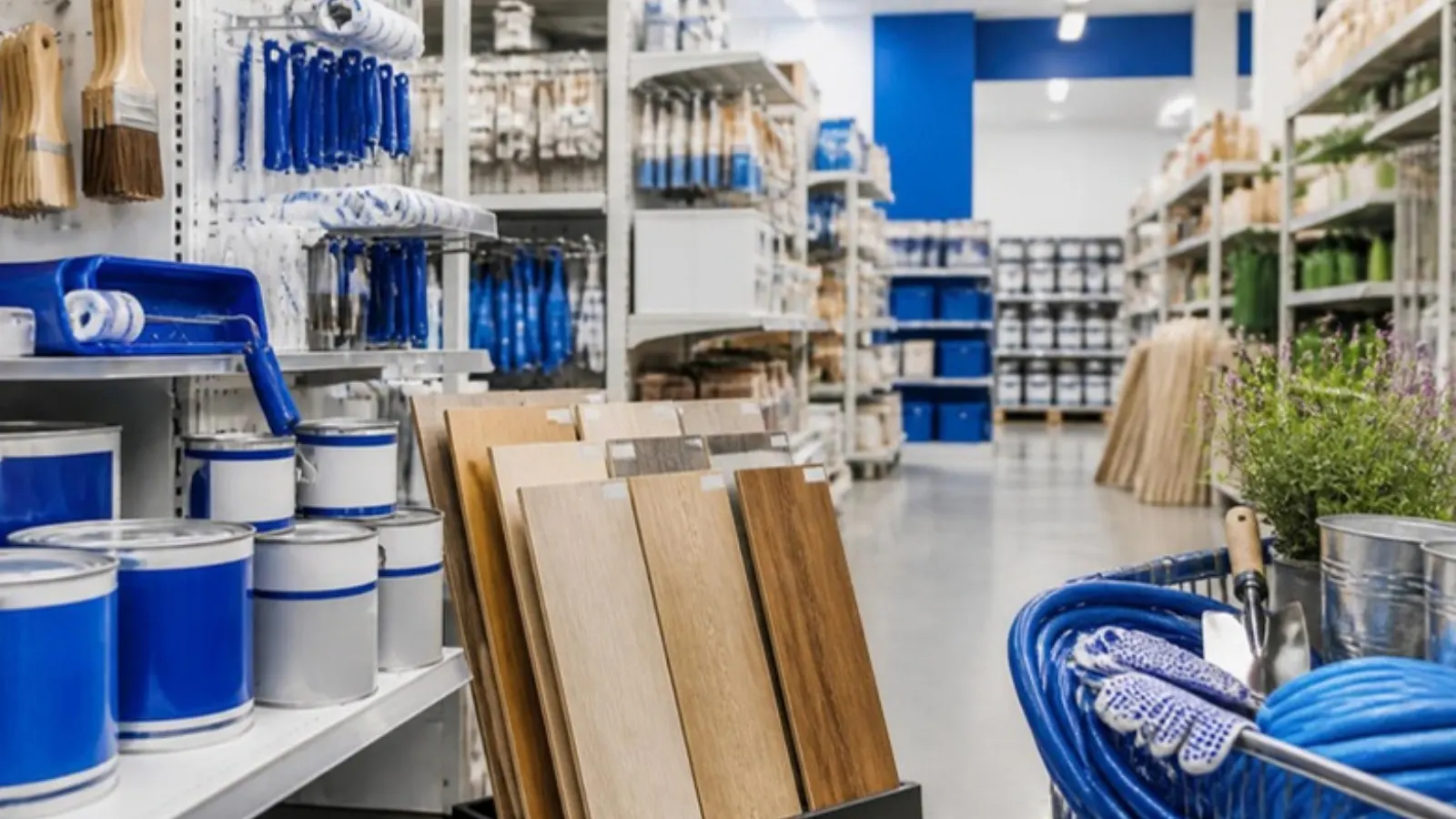 Home improvement store aisle with paint and timber