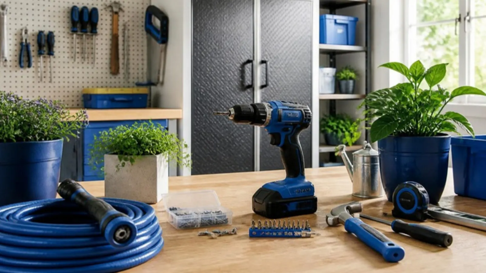 DIY tools and garden hose on a workbench
