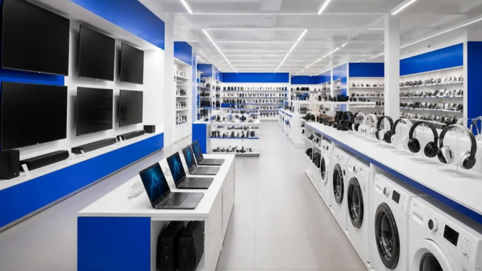 Electronics store aisle with TVs, laptops and washing machines