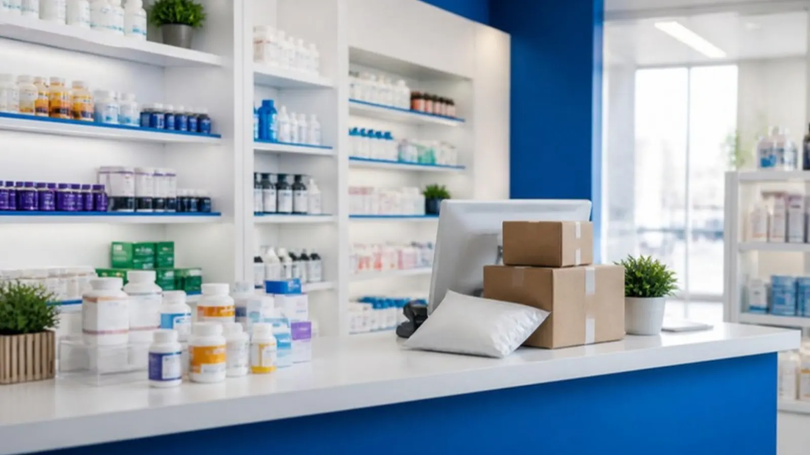 Online pharmacy shelves with health products and parcels