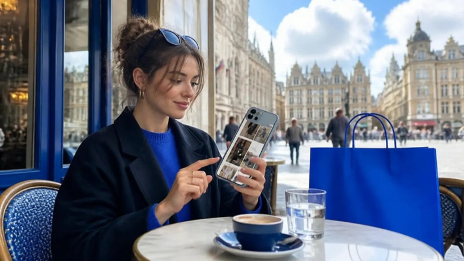 Shopper browsing on a phone at a Brussels cafe