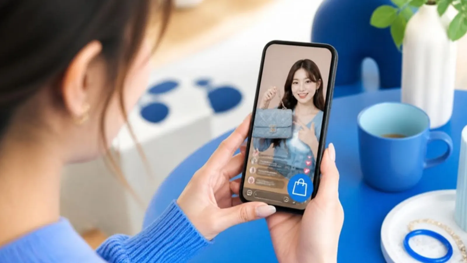 Hands holding a phone showing a live shopping video