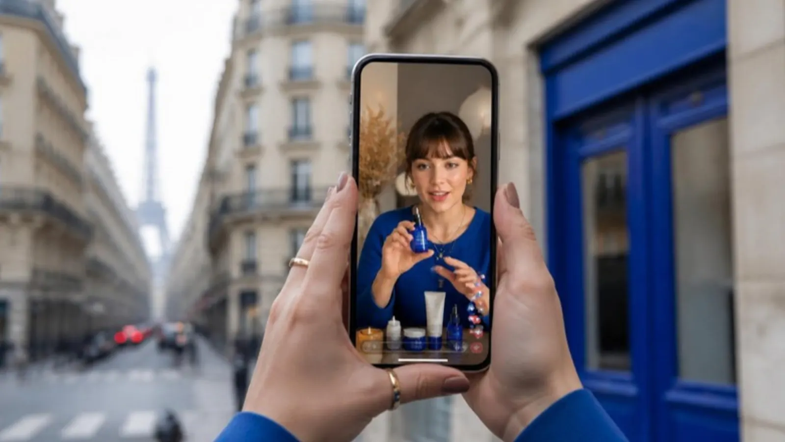 Phone showing a livestream on a Paris street