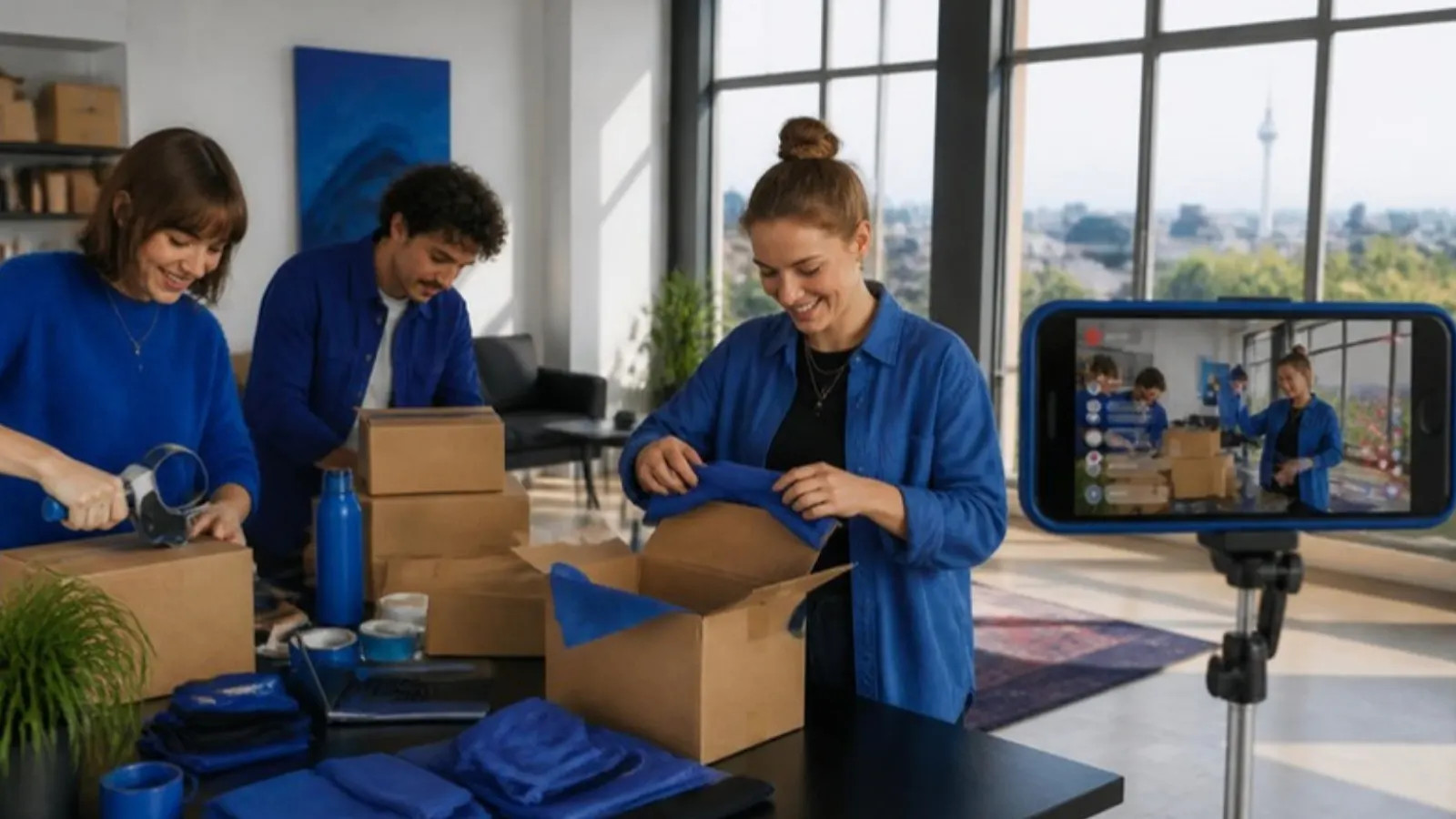 Team packing orders during a livestream in Berlin