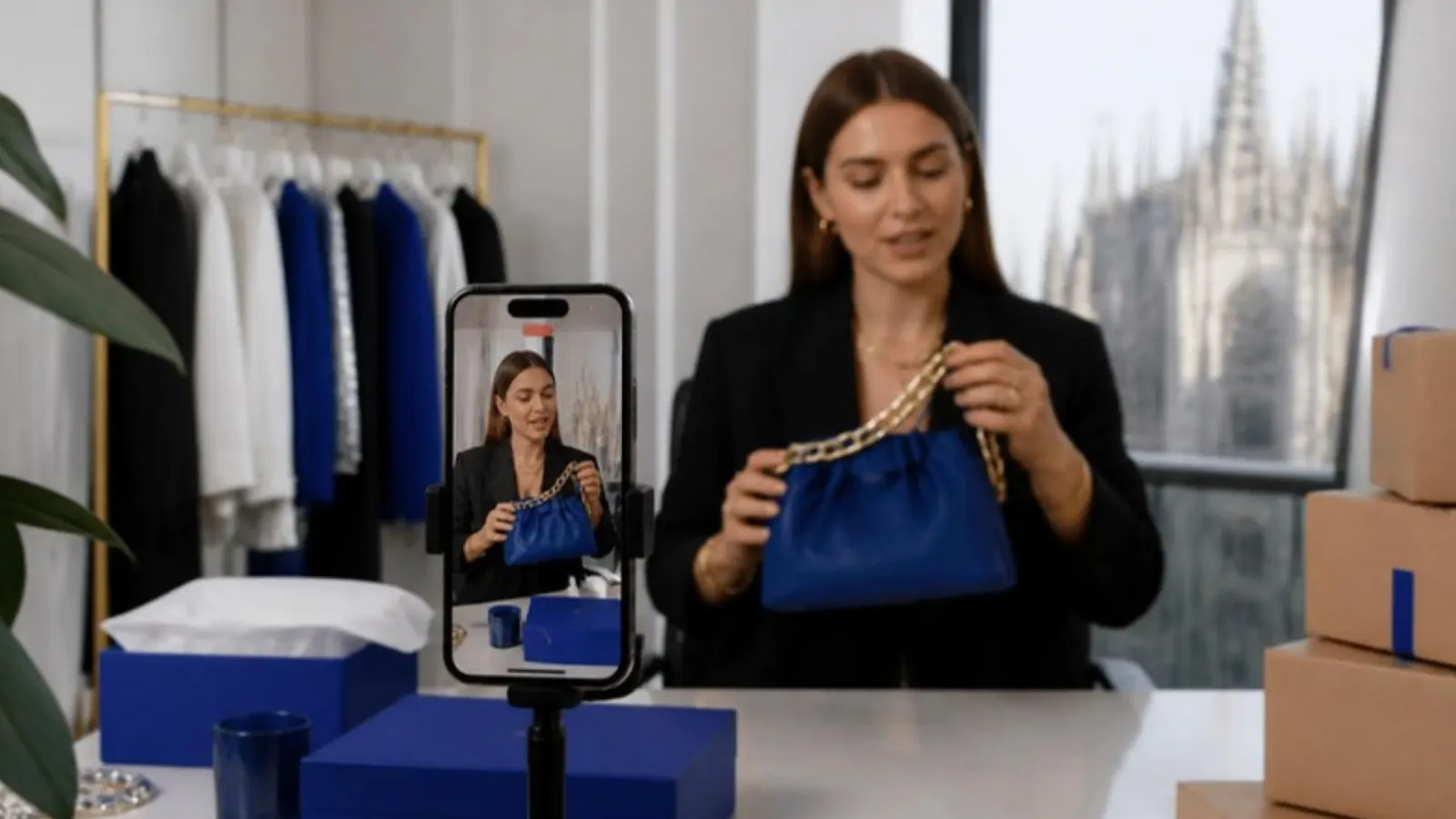Creator presenting a handbag on a livestream in Milan