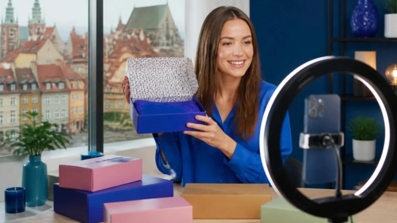 Creator filming a product unboxing livestream in Poland