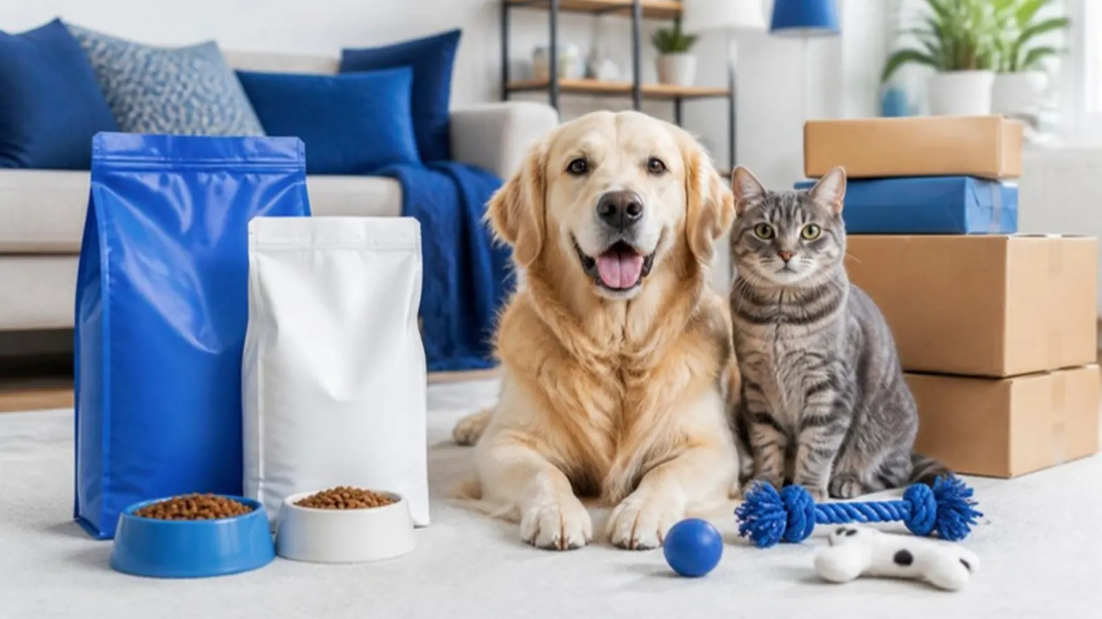 Dog and cat with pet food and toys