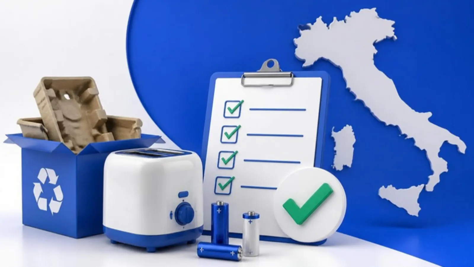 Recycling bin, appliance and compliance checklist with a map of Italy