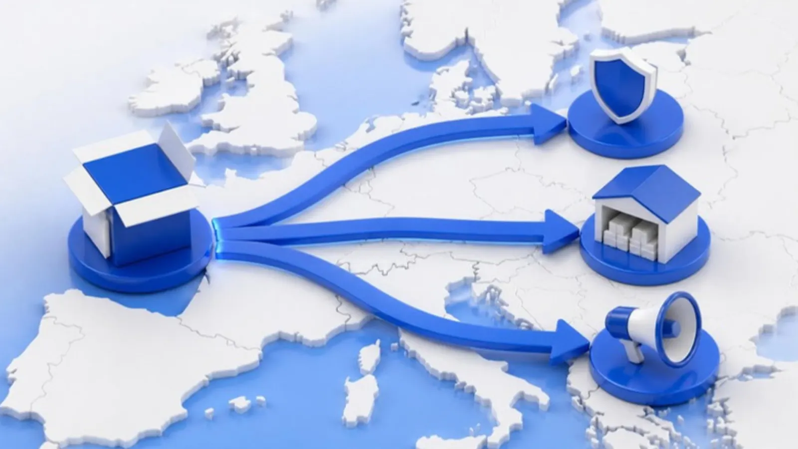 Three routes for expanding into European markets on a map