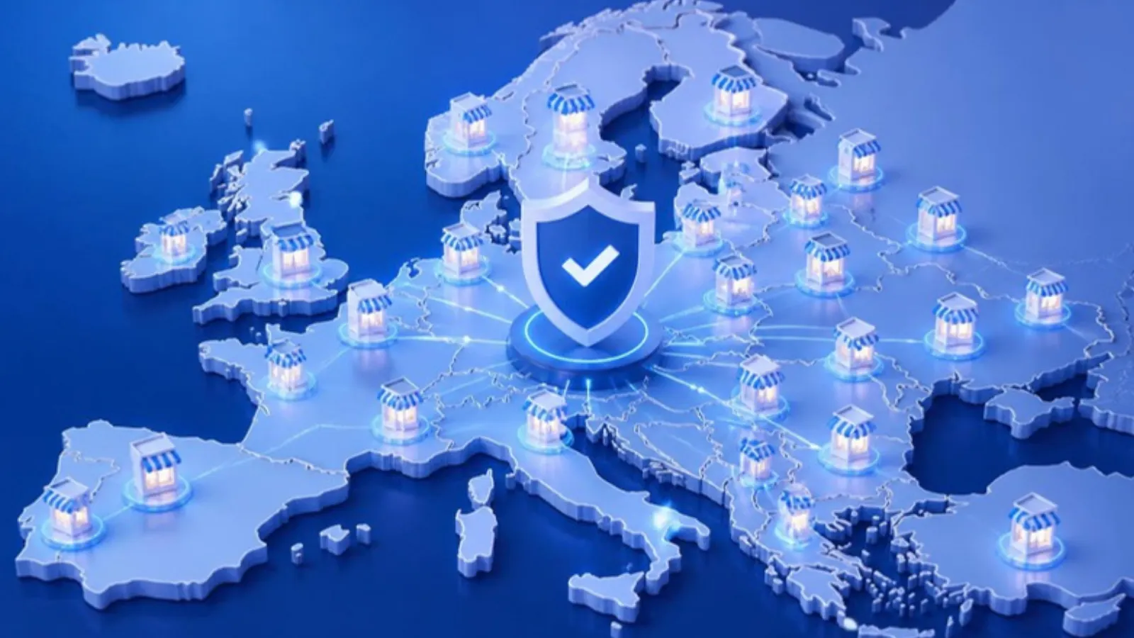 Map of Europe with a compliance shield and connected marketplaces