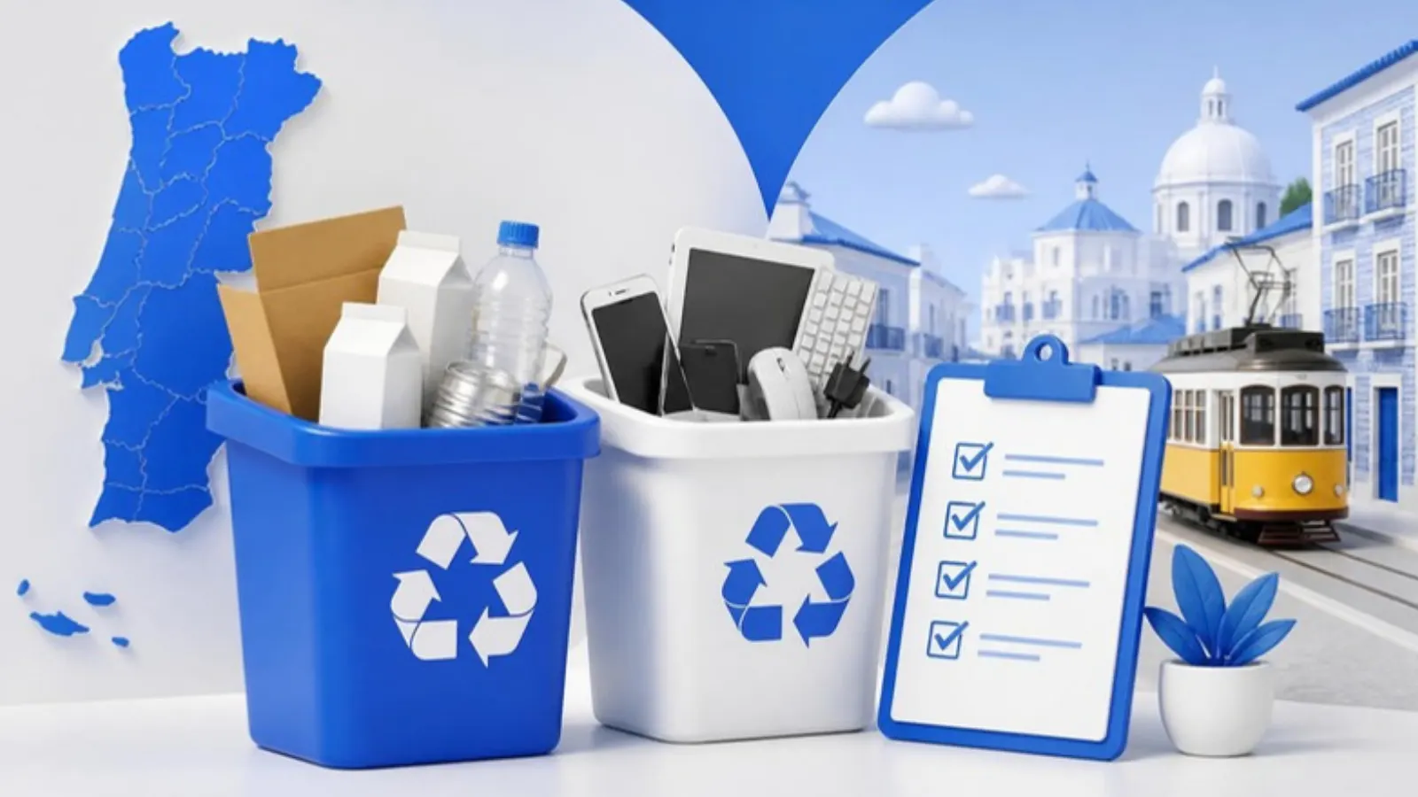 Recycling bins and a compliance checklist with a map of Portugal
