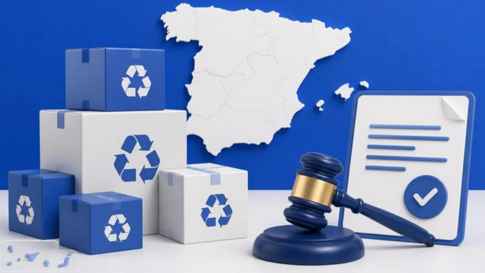 Recycled packaging, a gavel and a document with a map of Spain