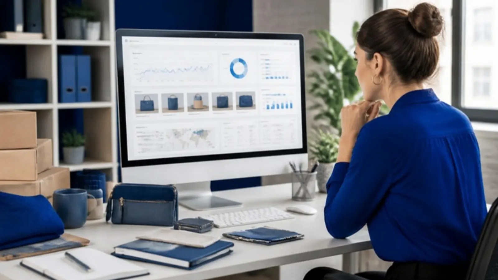 Seller reviewing a marketplace dashboard at a desk