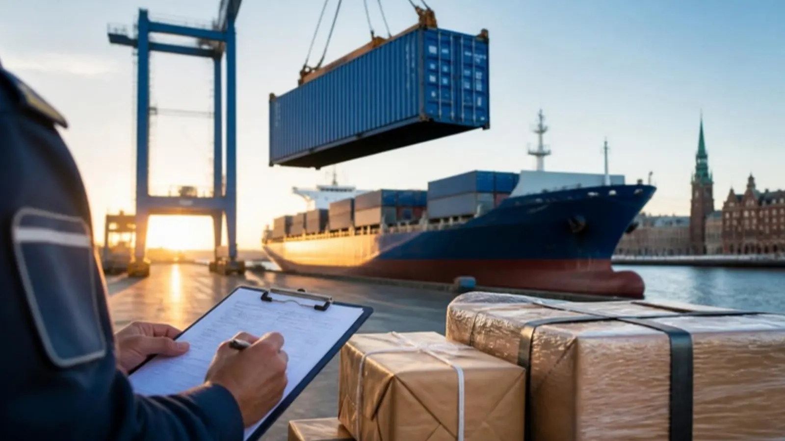 Customs officer checking cargo at a European port