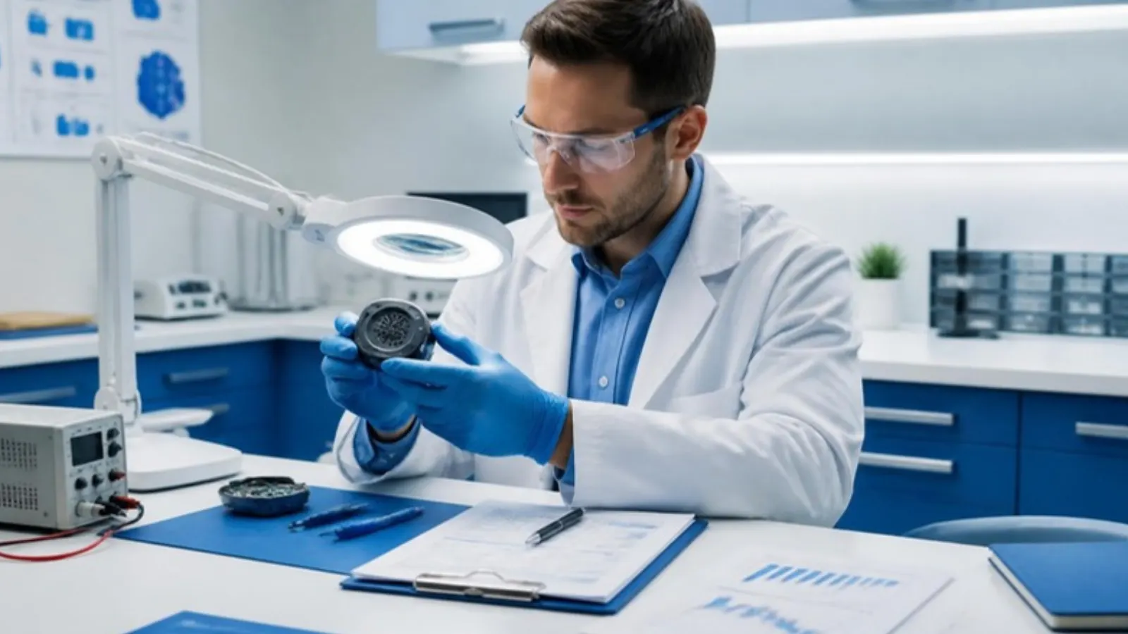 Engineer inspecting a product in a test lab