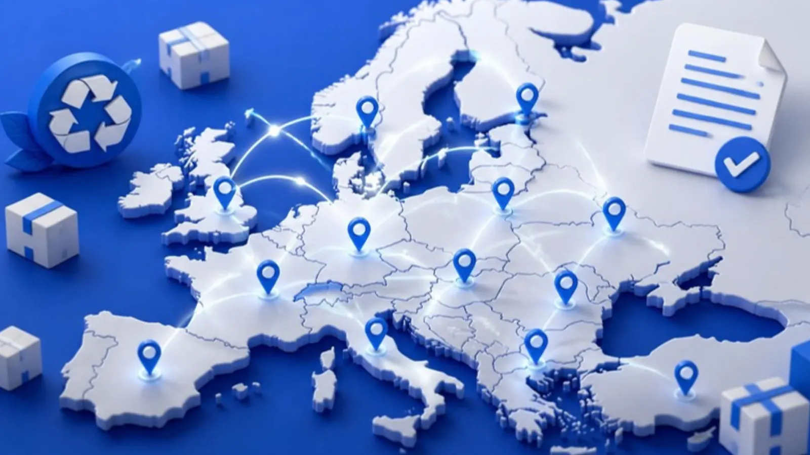 Map of Europe with recycling and compliance icons